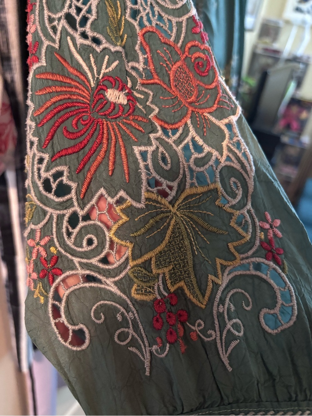 Johnny Was Green Embroidered Button-Front Blouse - Picture 4 of 4
